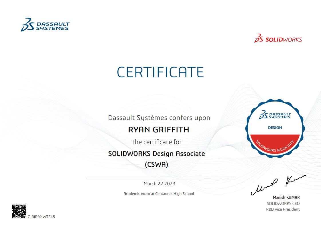Solidworks Design Associate Certificate - Ryan Griffith